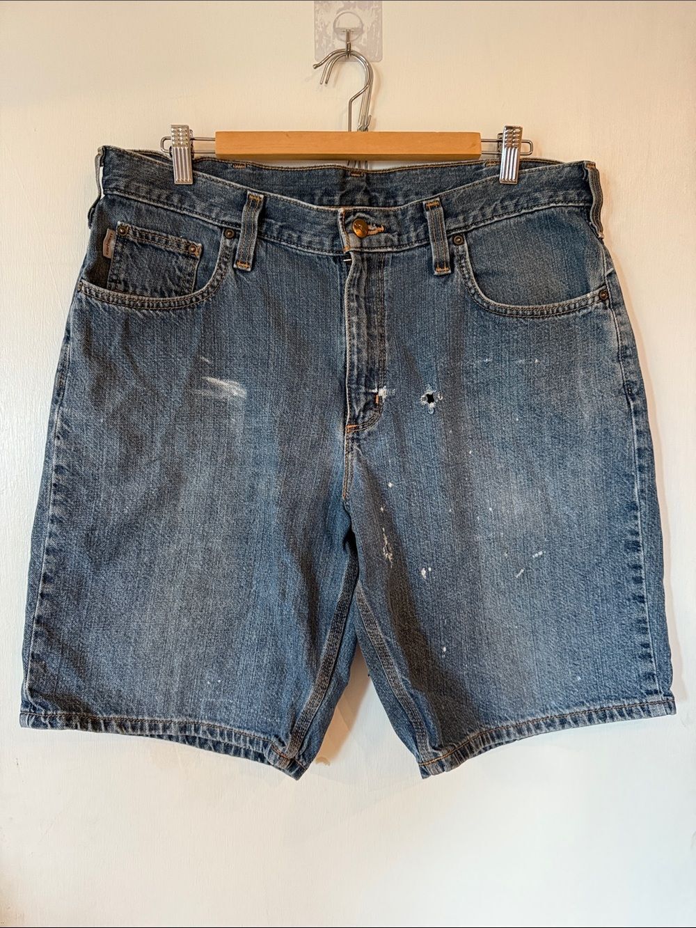 Carhartt Blue Denim Work Jean Shorts Distressed Relaxed Fit | Men's 36 Waist